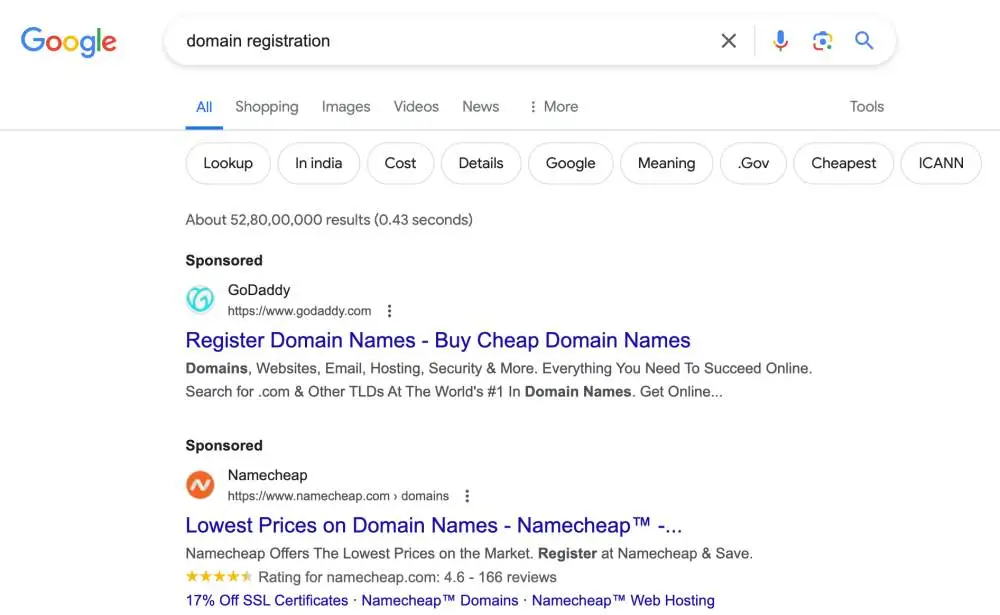 google search domain registration