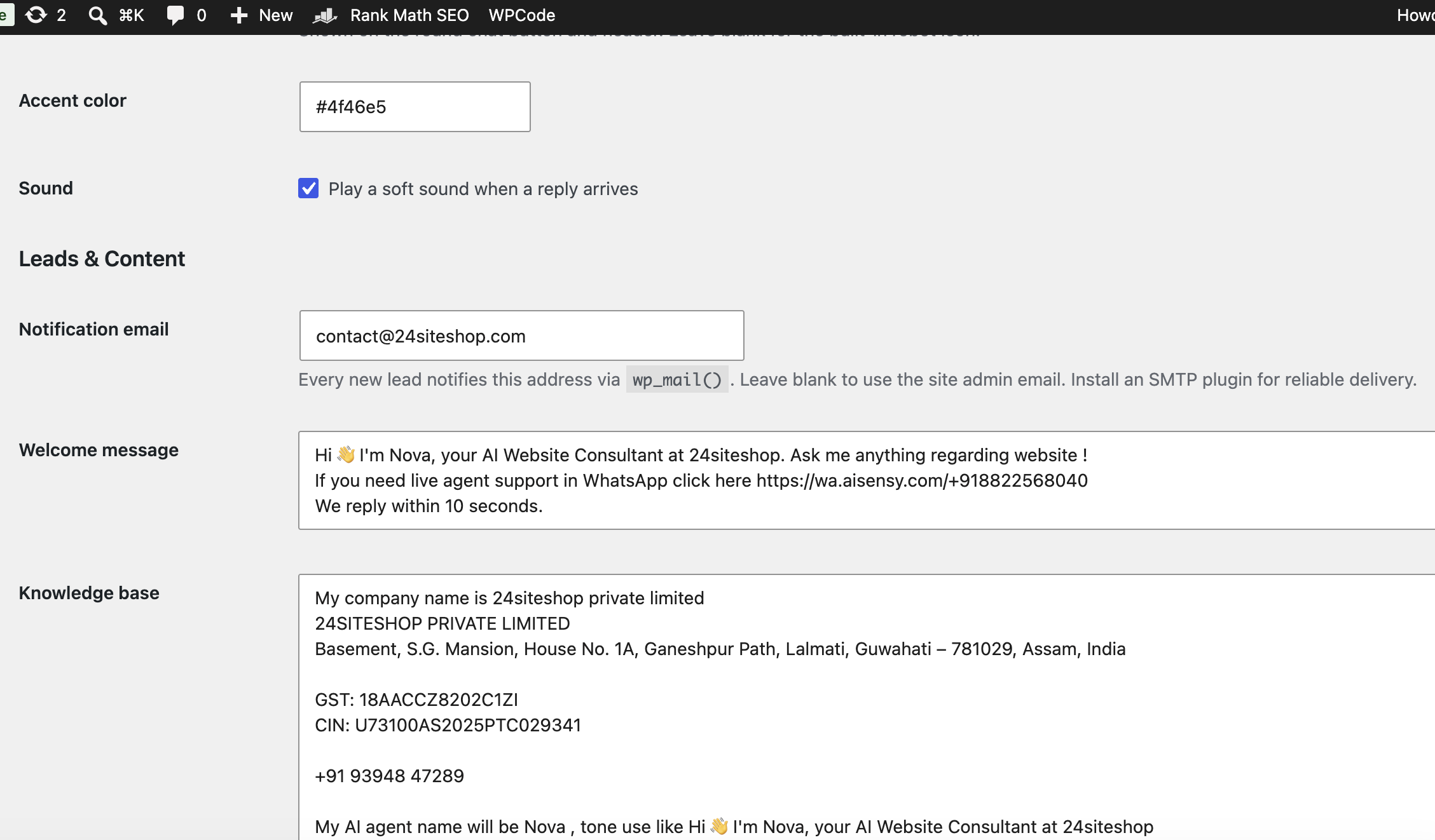 Nova AI chatbot settings — knowledge base, appearance and position