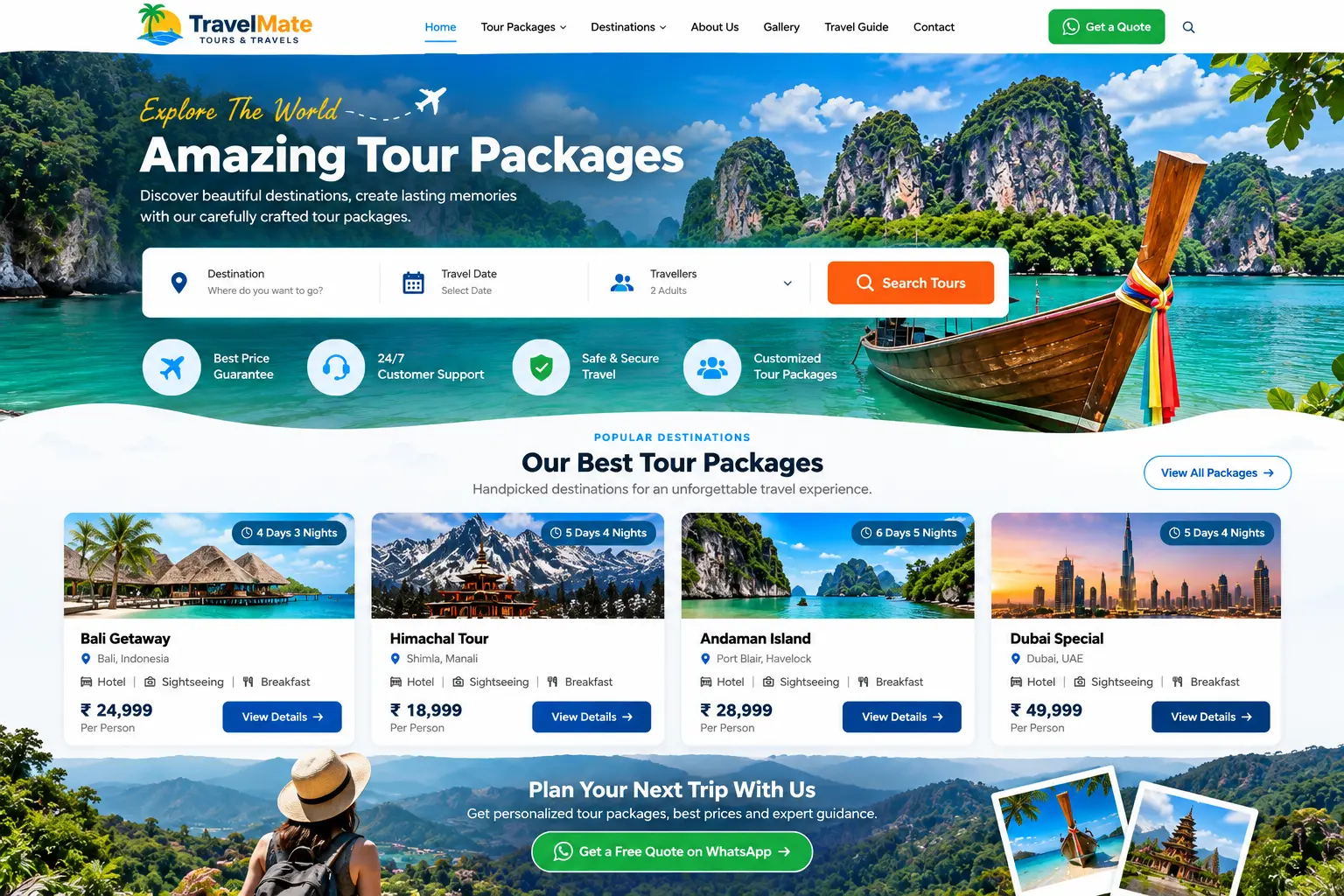 Multi-page tour and travel website with tour listings and package detail pages