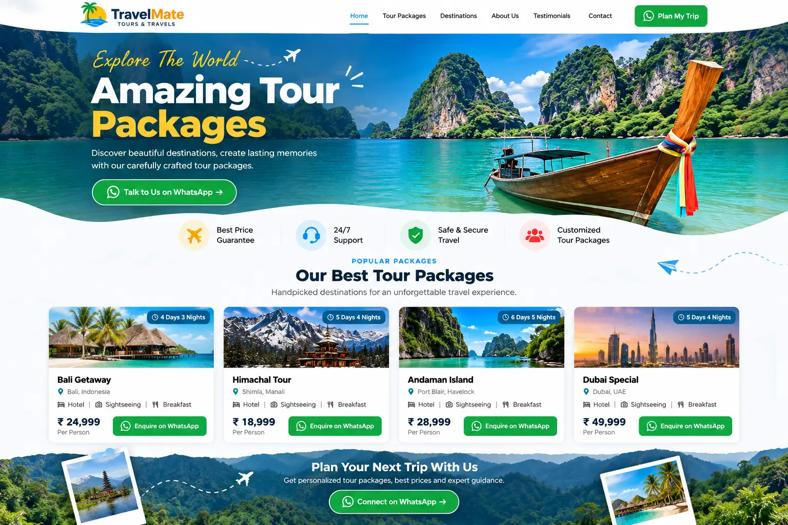 One-page tour package website design for travel agencies running Facebook and Instagram ads